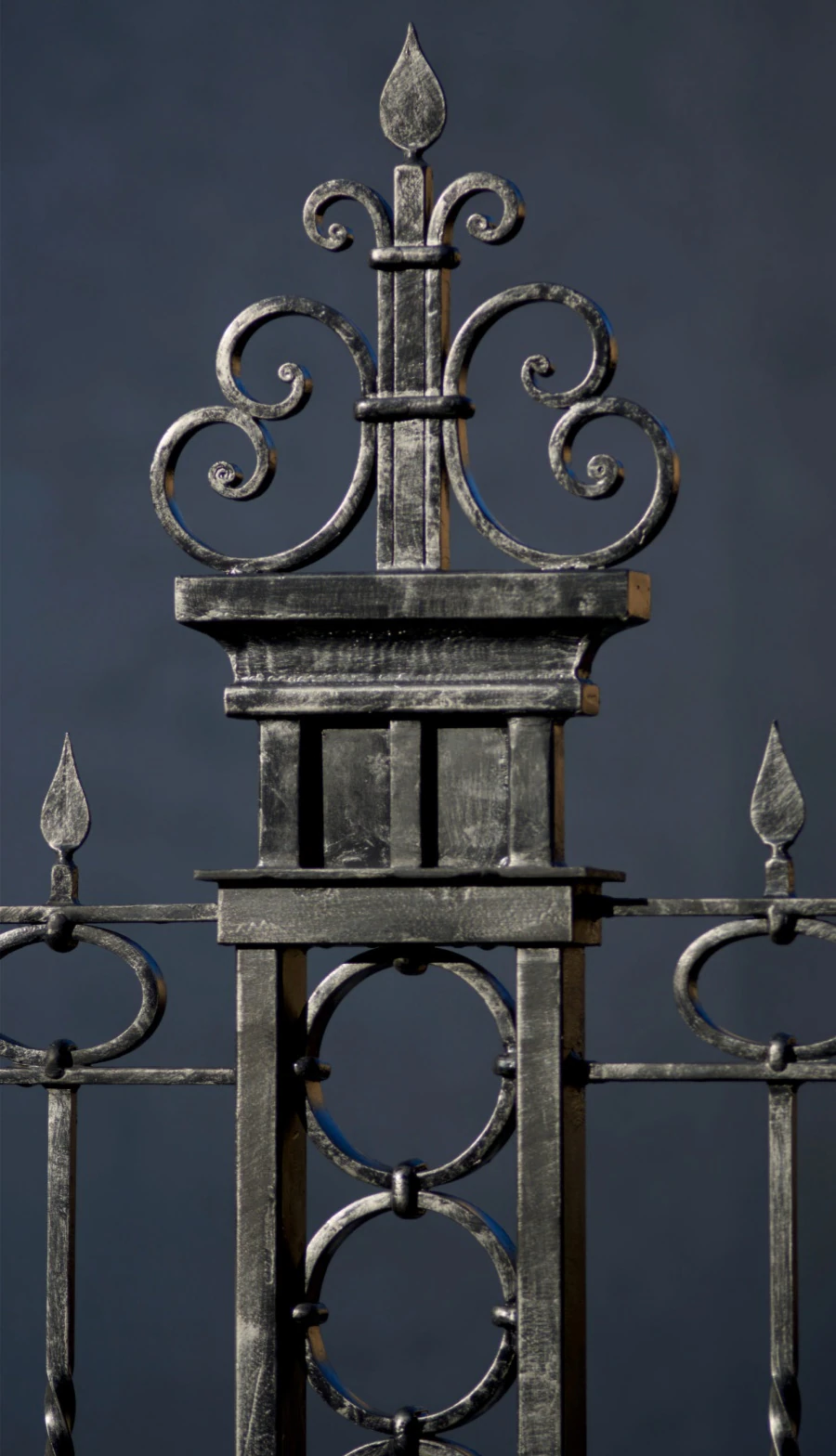 Church. Gates with portals, fence, columns and lights.
