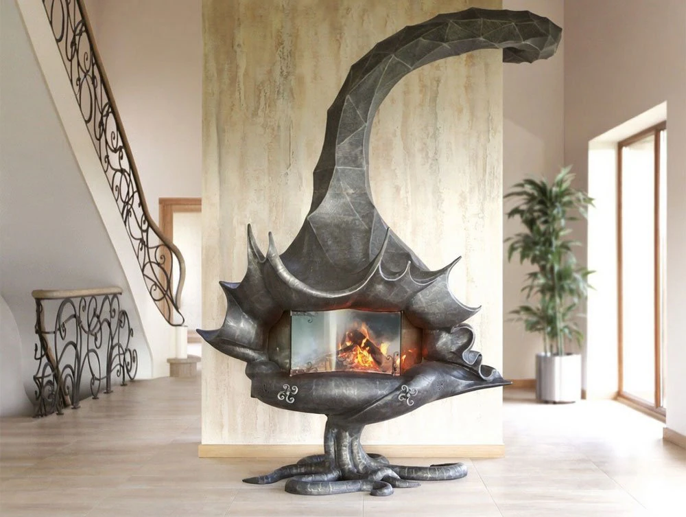 Hand-made metal fireplace with a patinated finish