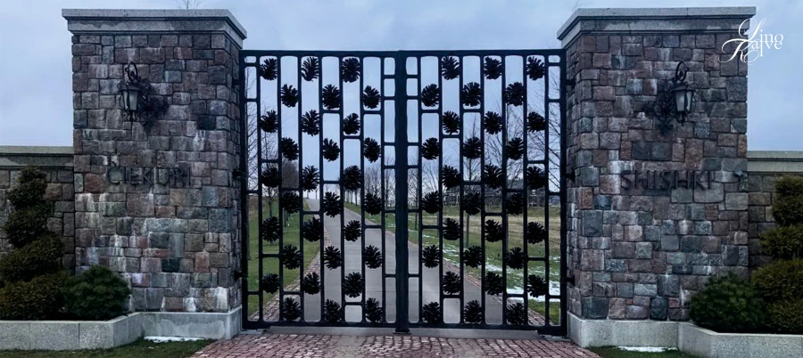 Hunting lodge. Gates, lights.