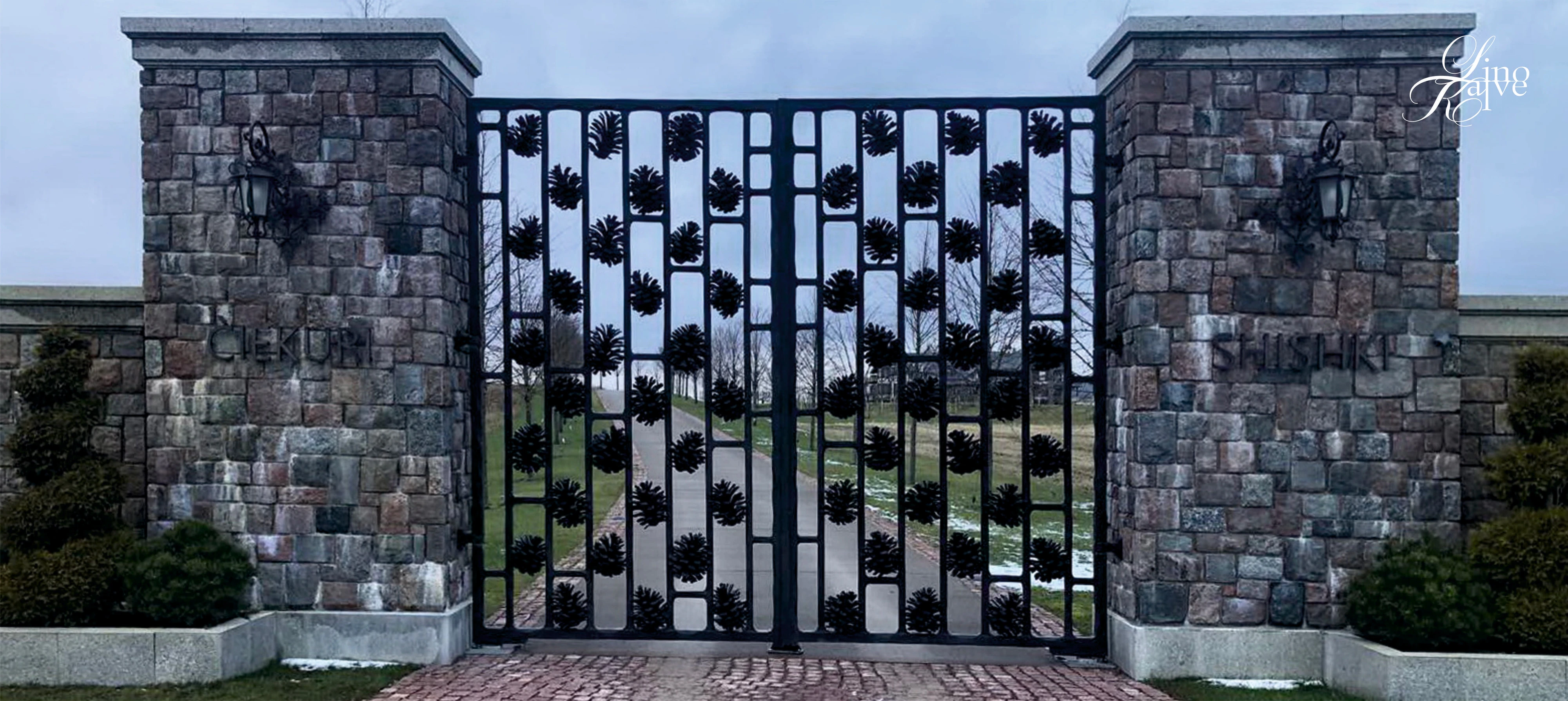 Hunting lodge. Gates, lights.